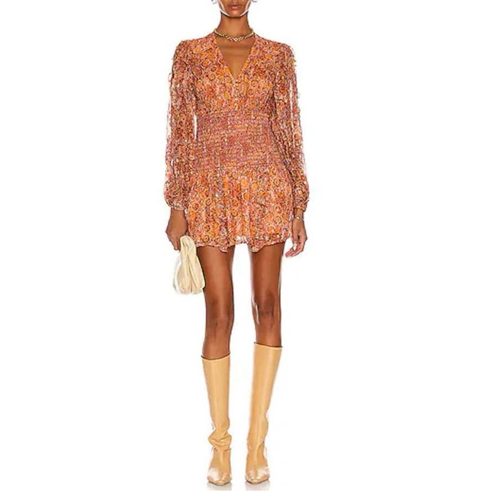 Rococo Sand Lar Long Sleeve Floral Bronze Smocked Mini Dress Sz M